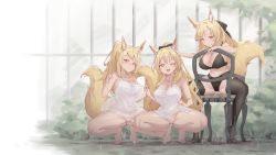 Rule 34 | animal ear fluff, animal ears, arknights, black thighhighs, blemishine (arknights), blonde hair, blush, bottomless, breasts, highres, holding hands, large breasts, looking at viewer, multiple girls, nearl (arknights), no panties, outdoors, peeing, peeing self, puddle, pussy, rune (dualhart), siblings, sisters, smile, squatting, tail, thighhighs, uncensored, whislash (arknights)