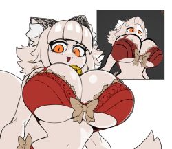 Rule 34 | 1girl, 3d, :3, animal ear fluff, animal ears, bare shoulders, beige bow, beige frills, bell, blunt bangs, blush, bow, bow bra, bow panties, bra, breasts, cat ears, cat girl, cat tail, catmaid (dizzyspells), cleavage, colored skin, curvy, dizzyspells, frilled bra, frills, from below, furry, furry female, half-closed eyes, highres, huge breasts, large breasts, lingerie, looking at viewer, looking down, model, navel, neck bell, open mouth, orange eyes, original, panties, red bra, red panties, short hair, side-by-side, simple background, slit pupils, smile, solo, tail, underwear, white background, white hair, white skin