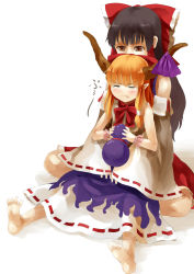 Rule 34 | 2girls, bare shoulders, barefoot, blush, bow, brown eyes, brown hair, closed eyes, commentary request, detached sleeves, facing viewer, fangs, frilled skirt, frills, gourd, hair bow, hair tubes, hakurei reimu, holding, horn ornament, horn ribbon, horns, hug, hug from behind, ibuki suika, long hair, looking at another, multiple girls, nishiuri, orange hair, pointy ears, purple ribbon, purple skirt, red bow, red skirt, ribbon, ribbon-trimmed clothes, ribbon-trimmed sleeves, ribbon trim, shadow, shirt, sidelocks, sitting, skirt, sleeveless, sleeveless shirt, soles, toes, touhou, white background, white shirt, white sleeves