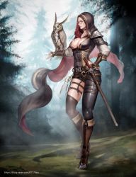 Rule 34 | 1girl, animal on arm, armor, bird, bird on arm, black choker, black thighhighs, boots, bracer, breasts, brown footwear, choker, cleavage, day, doha skylightscent, forest, full body, hand on own hip, hood, large breasts, looking to the side, nature, o-ring, original, outdoors, owl, sheath, sheathed, single thighhigh, solo, standing, sword, thigh strap, thighhighs, watermark, weapon, web address