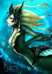 Rule 34 | 1girl, absurdres, animal, breasts, brooch, colored skin, from side, green skin, hair ornament, highres, jellyfish, jewelry, league of legends, long hair, looking at viewer, mermaid, monster girl, nami (league of legends), red eyes, sideways glance, smile, solo, underwater, vastaya, wei miao