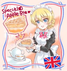 Rule 34 | 1girl, alternate costume, apple pie, apron, arrow (symbol), black dress, blonde hair, blue eyes, blush, bow, bowtie, braid, brooch, cup, darjeeling (girls und panzer), dress, english text, enmaided, food, frilled dress, frills, girls und panzer, holding, holding food, jewelry, juliet sleeves, kuromori yako, long sleeves, looking at viewer, maid, maid apron, maid headdress, open mouth, plate, puffy sleeves, red bow, saucer, short hair, smile, sparkle, swept bangs, table, teacup, teapot, union jack