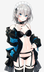 Rule 34 | 1girl, bare shoulders, black bra, black collar, black jacket, black nails, black panties, black ribbon, black thighhighs, blue eyes, blue jacket, blush, bow, bra, breasts, cleavage, collar, collarbone, commentary request, cowboy shot, garter straps, grey background, grey hair, hair ribbon, hand up, jacket, lace, lace-trimmed bra, lace trim, looking at viewer, maid headdress, medium breasts, multicolored clothes, multicolored jacket, nail polish, navel, off shoulder, open clothes, open jacket, original, panties, parted lips, revision, ribbon, short hair, simple background, skindentation, solo, spaghetti strap, stomach, strap gap, string panties, thigh strap, thighhighs, thighs, two-tone jacket, underwear, yon (letter)