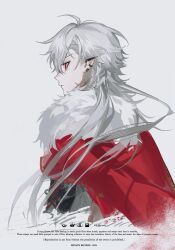 1boy abbitr2 ahoge cape closed_mouth crossed_bangs dated ear_piercing earrings english_text expressionless facing_away floating_hair from_behind fur-trimmed_cape fur_trim hair_between_eyes hashtag-only_commentary highres jewelry kuzuha_(2nd_costume)_(nijisanji) kuzuha_(nijisanji) long_hair looking_ahead male_focus mole mole_under_eye nijisanji official_alternate_costume parted_bangs piercing pointy_ears red_cape red_eyes simple_background solo upper_body virtual_youtuber white_background white_hair