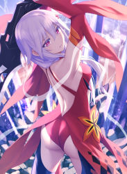 Rule 34 | 1girl, armpits, arms up, ass, backless dress, backless outfit, bare shoulders, breasts, cowboy shot, detached sleeves, dress, expressionless, from behind, goribote, guilty crown, long hair, long sleeves, looking at viewer, looking back, red dress, red eyes, revealing clothes, small breasts, solo, standing, sword, thighs, weapon, white hair, yuzuriha inori