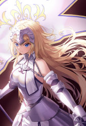 Rule 34 | 1girl, absurdres, armor, armored dress, bare shoulders, blonde hair, blue eyes, breasts, chain, closed mouth, fate/apocrypha, fate/grand order, fate (series), faulds, flag, from above, gauntlets, headpiece, highres, holding, holding flag, jeanne d&#039;arc (fate), jeanne d&#039;arc (ruler) (fate), jeanne d&#039;arc (third ascension) (fate), large breasts, long hair, looking ahead, nacho (nacho 1103), plackart, solo, v-shaped eyebrows, very long hair