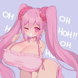 Rule 34 | 1girl, absurdres, aliceyawnin, bikini, blush, breasts, cleavage, doughnut, food, highres, huge breasts, large breasts, long hair, looking at viewer, md5 mismatch, omori, one eye closed, oppai loli, pink bikini, pink eyes, pink hair, resolution mismatch, shortstack, solo, source smaller, sweetheart (omori), sweets, swimsuit, thighs, twintails, wide hips