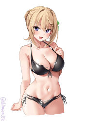 Rule 34 | 1girl, armpit crease, bikini, black bikini, blonde hair, blush, breasts, cleavage, collarbone, commentary request, cowboy shot, cropped legs, ebifurya, front-tie bikini top, front-tie top, hair bun, highres, kantai collection, large breasts, looking at viewer, navel, one-hour drawing challenge, open mouth, perth (kancolle), purple eyes, short hair, side-tie bikini bottom, simple background, smile, solo, swimsuit, twitter username, white background