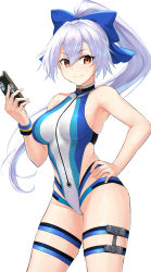 Rule 34 | 1girl, absurdres, bare shoulders, blue bow, blue one-piece swimsuit, bow, breasts, cellphone, fate/grand order, fate (series), hair between eyes, hair bow, highleg, highleg swimsuit, highres, large breasts, long hair, looking at viewer, m kong, one-piece swimsuit, phone, ponytail, red eyes, silver hair, smile, solo, swimsuit, thigh strap, thighs, tomoe gozen (fate), tomoe gozen (swimsuit saber) (fate), two-tone swimsuit, white one-piece swimsuit