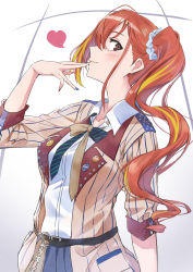 Rule 34 | 1girl, arisugawa natsuha, belt, blue nails, brown eyes, commentary request, earrings, finger to mouth, from side, glance, hair ornament, hair scrunchie, heart, highres, idolmaster, idolmaster shiny colors, jacket, jewelry, kagari liroi, long hair, looking at viewer, multicolored hair, nail polish, orange hair, red nails, scrunchie, shirt, side ponytail, sleeves past elbows, solo, streaked hair, striped clothes, striped jacket, two-tone hair, vertical-striped clothes, vertical-striped jacket, white shirt