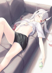 Rule 34 | 1girl, absurdres, bare legs, black shorts, bottle, breasts, closed mouth, collarbone, couch, eyelashes, fang, feet out of frame, highres, holding, hololive, horns, knee up, long hair, looking at viewer, lying, makushiro 081, midriff, multicolored hair, nakiri ayame, navel, on back, one eye closed, parted bangs, pink eyes, pink hair, shadow, shiny skin, shirt, short shorts, short sleeves, shorts, sidelocks, skin-covered horns, small breasts, solo, streaked hair, sweat, thighs, twintails, underboob, virtual youtuber, white shirt