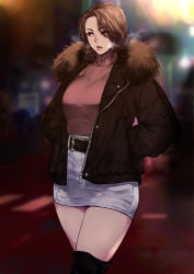 Rule 34 | 1girl, belt, black jacket, blurry, blurry background, breasts, breath, brown hair, cowboy shot, hands in pockets, jacket, large breasts, long sleeves, nimuno (munimuni), original, parted lips, red shirt, shadow, shirt, shirt tucked in, short hair, skirt, solo, white skirt