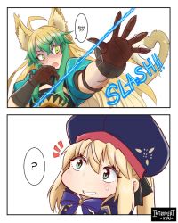 Rule 34 | 2girls, 2koma, ahoge, animal ears, artoria caster (fate), artoria pendragon (fate), atalanta (fate), blonde hair, blue headwear, capelet, cat ears, cat tail, comic, dyed bangs, english text, fate/grand order, fate (series), gradient hair, green eyes, green hair, hat, introvert-kun, long hair, multicolored capelet, multicolored hair, multiple girls, speech bubble, tail, twintails