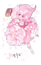 Rule 34 | 1girl, bad id, bad pixiv id, bow, cherry blossom cookie, cherry blossoms, cookie run, cup, korean text, long hair, looking at viewer, open mouth, parasol, petals, pink eyes, pink hair, pink skirt, pink theme, puffy short sleeves, puffy sleeves, short sleeves, skirt, smile, solo, suitcase, teacup, twintails, two side up, umbrella, vb