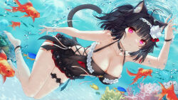 Rule 34 | 1girl, animal ear fluff, animal ears, anklet, black bow, black choker, black hair, black wristband, blush, bow, breasts, cat ears, cat girl, cat tail, choker, cleavage, closed mouth, collarbone, coral reef, damselfish, devil heavens, diving, fish, flower, goldfish, hair flower, hair ornament, hairband, highres, jellyfish, jewelry, lace-trimmed hairband, lace trim, large breasts, lingerie, navel, original, red eyes, ripples, see-through, short hair, side-tie costume, tail, thigh strap, tropical fish, underwater, underwear, water, white flower, white hairband