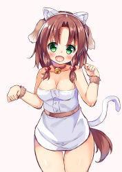Rule 34 | 1girl, animal ears, asa no ha (awayuki), bell, breasts, brown hair, cat ears, cat tail, cleavage, collar, dog ears, dog tail, fake animal ears, green eyes, highres, neck bell, original, short hair, simple background, solo, tail