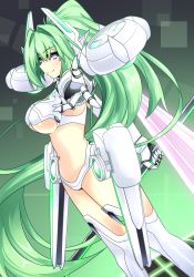 Rule 34 | 10s, 1girl, blush, breasts, cleavage, green hair, green heart (neptunia), large breasts, long hair, looking at viewer, neptune (series), outstretched hand, polearm, ponytail, purple eyes, solo, spear, symbol-shaped pupils, vert (neptunia), very long hair, warabi mochi (ehimedaisuki), weapon
