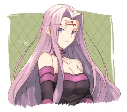 1girl bare_shoulders breasts cleavage closed_mouth elbow_gloves eyes_visible_through_hair facial_mark fate/stay_night fate_(series) female_focus forehead_mark gloves hair_between_eyes large_breasts light_smile long_hair looking_at_viewer matching_hair/eyes medusa_(fate) medusa_(rider)_(fate) nikame official_style purple_eyes purple_hair signature simple_background smile solo square_pupils very_long_hair white_background