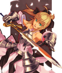 Rule 34 | 1girl, armor, armored dress, artoria pendragon (all), artoria pendragon (fate), blonde hair, caliburn (fate), capcom, dress, fate/stay night, fate/unlimited codes, fate (series), faulds, gauntlets, green eyes, petals, ponytail, saber (fate), saber lily, solo, sword, weapon, yuuji (and)