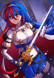 Rule 34 | 1girl, 20060715, absurdres, alear (female) (fire emblem), alear (fire emblem), armor, blue eyes, blue hair, closed mouth, commentary, cowboy shot, fire emblem, fire emblem engage, heterochromia, highres, holding, holding sword, holding weapon, jewelry, long hair, multicolored hair, nintendo, red eyes, red hair, ring, solo, sword, two-tone hair, weapon