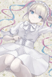 Rule 34 | 1girl, absurdres, alternate costume, blonde hair, blue eyes, blue hair, blunt bangs, bow, chouzetsusaikawa tenshi-chan, closed mouth, commentary request, corset, dress, field, flower, flower field, frilled hairband, frills, hairband, highres, lolita fashion, long hair, looking at viewer, lying, multicolored hair, needy girl overdose, on back, peropero umaa, pink hair, puffy sleeves, quad tails, solo, twintails, very long hair, white bow, white dress, white flower, white hairband