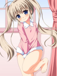 Rule 34 | 1girl, against wall, asa no ha (awayuki), barefoot, between thighs, blonde hair, blue eyes, blush, bottomless, brown hair, covering privates, covering crotch, fur trim, head tilt, long hair, looking at viewer, no panties, original, smile, solo, twintails, window