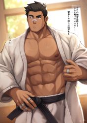 Rule 34 | 1boy, abs, artist name, bandaid, bandaid on face, bandaid on hand, bara, belt, black hair, blurry, blurry background, dougi, facial hair, feet out of frame, hakama, highres, japanese clothes, kanji, large pectorals, light particles, looking to the side, male focus, manly, mature male, muscular, muscular male, navel, nipples, original, pectorals, short hair, signature, spiked hair, stubble, sunlight, sweat, sweatdrop, window, zifu