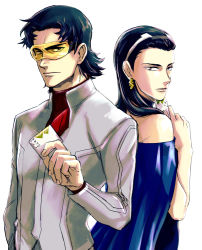 Rule 34 | 1boy, 1girl, back-to-back, black eyes, black hair, brother and sister, dress, earrings, egg (cknlun), jacket, jewelry, long hair, long sleeves, looking at viewer, megalo box, serious, shirato mikio, shirato yukiko, siblings, simple background, tinted eyewear, white background, white jacket