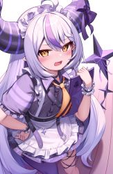 Rule 34 | 1girl, ahoge, alternate costume, apron, black horns, blush, center frills, deaver, demon horns, dress, enmaided, fangs, frilled apron, frilled sleeves, frills, hair between eyes, hand on own hip, highres, holding, hololive, horn ornament, horn ribbon, horns, la+ darknesss, long hair, looking at viewer, maid, maid headdress, multicolored hair, nail polish, necktie, open mouth, pointy ears, purple dress, purple hair, purple legwear, purple nails, purple ribbon, ribbon, short sleeves, silver hair, single leg pantyhose, solo, standing, streaked hair, striped horns, tail, tail raised, very long hair, virtual youtuber, white apron, wrist cuffs, yellow eyes, yellow necktie