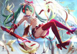 Rule 34 | 1girl, :o, acoustic guitar, animal, aqua eyes, aqua hair, armpits, ass, bare arms, bare shoulders, bird, blurry, breasts, crop top, depth of field, frilled shirt, frills, full body, guitar, hairband, hatsune miku, headset, high heels, holding, holding instrument, instrument, layered skirt, long hair, looking at viewer, miniskirt, navel, nisoku hokou (vocaloid), open mouth, red footwear, red skirt, red thighhighs, shirt, shoes, skirt, sleeveless, sleeveless shirt, small breasts, solo, stomach, text focus, thighhighs, throat microphone, translation request, twintails, underboob, very long hair, vocaloid, wangchuan de quanyan, white shirt