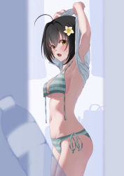 Rule 34 | 1girl, absurdres, ahoge, arms up, bag, bikini, black hair, blush, bottle, breasts, clothes lift, female focus, fingernails, flower, from side, green bikini, hair between eyes, hair flower, hair ornament, highres, idolmaster, idolmaster cinderella girls, indoors, kohinata miho, lifted by self, looking at viewer, looking to the side, medium breasts, navel, open mouth, shirt, shirt lift, short hair, short sleeves, side-tie bikini bottom, silhouette, solo, standing, stomach, strap gap, striped bikini, striped clothes, sweatdrop, swimsuit, underboob, undressing, untied bikini, viq, water bottle, white background, white flower, white shirt, yellow eyes