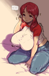 Rule 34 | ..., 1girl, arm support, arm up, artist name, bed, bed sheet, bralines, breasts, dated, denim, from above, highres, jeans, large breasts, long hair, looking at viewer, low twintails, motion lines, on bed, original, pants, red eyes, red hair, sanemichi hajime, shadow, shirt, simple background, sitting, smile, solo, spoken ellipsis, steam, sweatdrop, teeth, twintails, twitter username, wariza, white background, white shirt