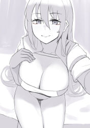 Rule 34 | 1girl, absurdres, breasts, character request, cleavage, closed mouth, commentary, copyright request, english commentary, eyelashes, eyeshadow, fanged bangs, greyscale, hair between eyes, hand on own chest, highres, kion-kun, large breasts, long bangs, long hair, looking at viewer, makeup, monochrome, orange eyeshadow, selfie, smile, solo, spot color, thigh gap, thighs, thighs together, twitter username