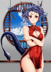 Rule 34 | 1girl, arknights, bare arms, bare shoulders, blue hair, blue sky, breasts, ch&#039;en (ageless afterglow) (arknights), ch&#039;en (arknights), china dress, chinese clothes, cleavage, cleavage cutout, clothing cutout, commentary request, cowboy shot, crossed arms, day, dragon horns, dragon tail, dress, groin, hair bun, highres, horns, kama o nu, looking at viewer, medium breasts, official alternate costume, pelvic curtain, red dress, red eyes, short hair, sky, sleeveless, sleeveless dress, solo, standing, tail, thighs, wind chime