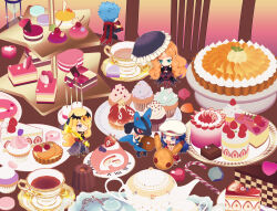 1boy 3girls black_dress blonde_hair blue_hair caitlin_(fall_2021)_(pokemon) caitlin_(pokemon) cake character-themed_food chibi chocolate creatures_(company) cup cupcake cynthia_(pokemon) cynthia_(sygna_suit)_(renegade)_(pokemon) cyrus_(pokemon) cyrus_(sygna_suit)_(pokemon) dawn_(palentine&#039;s_2021)_(pokemon) dawn_(pokemon) dress food fruit game_freak gen_1_pokemon gen_4_pokemon hat highres holding holding_umbrella long_hair lucario multiple_girls nintendo official_alternate_costume pie pikachu plate pokemon pokemon_(creature) pokemon_masters_ex red_scarf sakaralalala scarf short_hair spiked_hair strawberry teacup teapot tiered_tray umbrella white_hat