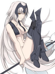 Rule 34 | 1girl, armor, armored boots, banner, boots, breasts, cleavage, collarbone, colored skin, convenient censoring, fate/apocrypha, fate (series), fur-trimmed boots, fur trim, grin, jeanne d&#039;arc (fate), jeanne d&#039;arc alter (avenger) (fate), jeanne d&#039;arc alter (fate), knees up, long hair, looking at viewer, medium breasts, navel, nude, orange eyes, pale skin, parted lips, shiseki hirame, silver hair, simple background, sitting, smile, solo, teeth, thigh boots, thighhighs, towel, towel around neck, towel over breasts, v-shaped eyebrows, very long hair, white background, white skin