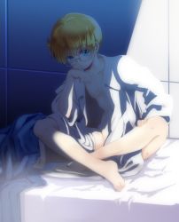 Rule 34 | 10s, 1boy, blonde hair, blue eyes, head rest, dress shirt, glasses, gunslinger stratos, highres, indian style, jonathan sizemore, looking at viewer, male focus, nude, on bed, open clothes, open shirt, raised eyebrow, shirt, short hair, sitting, solo