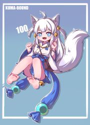 Rule 34 | 1girl, :d, absurdres, ahoge, animal ear fluff, animal ears, anklet, artist name, bare legs, barefoot, bell, blue bow, blue eyes, blue sash, blue skirt, blush, blush stickers, bow, bracelet, commentary request, fang, feet, full body, hair bell, hair ornament, highres, japanese clothes, jewelry, kuma-bound, long sleeves, looking at viewer, miko, open mouth, original, sash, shirt, skirt, smile, soles, solo, tail, toes, twintails, white shirt