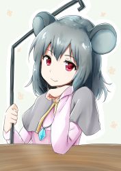 Rule 34 | 1girl, absurdres, animal ears, bad id, bad twitter id, blouse, capelet, dowsing rod, grey hair, hair between eyes, highres, jewelry, mouse ears, nanabe, nazrin, pendant, pink shirt, red eyes, shirt, simple background, solo, table, touhou, white background, wooden table
