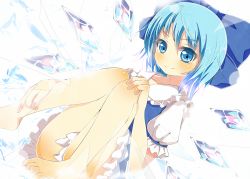 Rule 34 | 1girl, bare legs, barefoot, blue eyes, blue hair, blush, bow, cirno, dutch angle, hair bow, ice, looking at viewer, matching hair/eyes, sitting, smile, solo, touhou, wings, yuimari