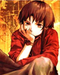 Rule 34 | 1990s (style), 1girl, abe yoshitoshi, absurdres, artbook, blouse, brown eyes, brown hair, hair ornament, hairclip, hand on own cheek, hand on own face, highres, iwakura lain, official art, orange background, red shirt, retro artstyle, scan, serial experiments lain, shirt, short hair, sitting, skirt, solo, watch, wristwatch