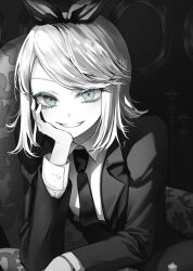 Rule 34 | 1girl, blue eyes, candlestand, chair, collared shirt, formal, greyscale, grin, hair ribbon, highres, kagamine rin, leaning forward, leaning on object, liso, long eyelashes, monochrome, necktie, project sekai, ribbon, shirt, short hair, sitting, smile, solo, spot color, suit, teeth, vocaloid
