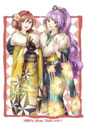 Rule 34 | 2018, 2girls, character request, commentary, copyright request, english text, gloves, hair ornament, happy new year, highres, japanese clothes, kimono, long hair, multiple girls, new year, purple hair, red hair, shimatani azu, short hair