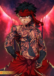 Rule 34 | 1boy, abs, angra mainyu (fate), bandages, bara, black eyes, black hair, cropped legs, dark skin, dark-skinned male, fate/hollow ataraxia, fate/stay night, fate (series), full-body tattoo, headband, highres, lvlv, male focus, muscular, navel, nipples, pectorals, topless male, short hair, solo, tattoo, thick thighs, thighs