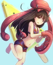 Rule 34 | 10s, 1girl, alternate costume, animal, animal on head, barefoot, bikini, black hair, blue background, blunt bangs, blush, breasts, cleavage, food, gloves, hatsuyuki (kancolle), kantai collection, leg up, long hair, looking at viewer, minarai shachou, navel, octopus, on head, popsicle, small breasts, solo, sweatdrop, swimsuit, tentacles, watermelon bar, yellow eyes