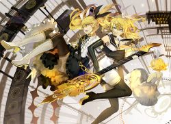 Rule 34 | 3girls, alternate hairstyle, bass guitar, black footwear, black gloves, black legwear, blonde hair, blue eyes, boots, cross-laced footwear, detached sleeves, dress, elbow gloves, fingerless gloves, gloves, hair ornament, hair ribbon, hairclip, instrument, kagamine rin, knee boots, lace-up boots, long hair, multiple girls, multiple persona, ribbon, roshin yuukai (vocaloid), saberiii, thigh boots, thighhighs, twintails, vocaloid, white dress, white footwear, zettai ryouiki