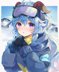 Rule 34 | 1girl, ahoge, black gloves, blue hair, blush, ganyu (genshin impact), ganyu (winter olympics) (genshin impact), genshin impact, gloves, highres, horns, jacket, long hair, looking at viewer, mountain, open mouth, outdoors, purple eyes, sidelocks, snow, solo, sweat, tikoo 616, upper body, winter clothes
