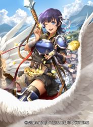 Rule 34 | 1girl, armor, belt, blue eyes, blue hair, boots, breastplate, chain, cloud, coin, company connection, copyright name, farina (fire emblem), fingerless gloves, fire emblem, fire emblem: the blazing blade, fire emblem cipher, gloves, gold, gold chain, i-la, mountain, nintendo, one eye closed, open mouth, outdoors, polearm, purple hair, reins, riding, short hair, single glove, skirt, sky, smile, spear, thigh boots, thighhighs, thighhighs under boots, weapon, wings, wink, zettai ryouiki