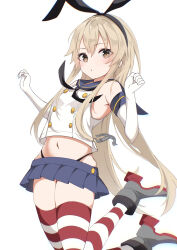 Rule 34 | 1girl, black neckerchief, black panties, blonde hair, blue sailor collar, blue skirt, blush, breasts, brown eyes, crop top, elbow gloves, fathom, gloves, highleg, highleg panties, highres, kantai collection, long hair, navel, neckerchief, panties, parted lips, pleated skirt, rudder footwear, sailor collar, school uniform, serafuku, shimakaze (kancolle), simple background, skirt, sleeveless, small breasts, solo, striped clothes, striped thighhighs, thighhighs, underwear, white background, white gloves