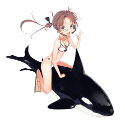 Rule 34 | 1girl, :o, absurdres, arm support, bad id, bad pixiv id, bikini, breasts, brown eyes, brown hair, fenrirr, fins, flippers, floating hair, glasses, hair ornament, hair ribbon, hairclip, headset, highres, leaning forward, long hair, looking at viewer, navel, open mouth, orca, original, ribbon, riding, simple background, small breasts, solo, swimsuit, v, white background, white bikini